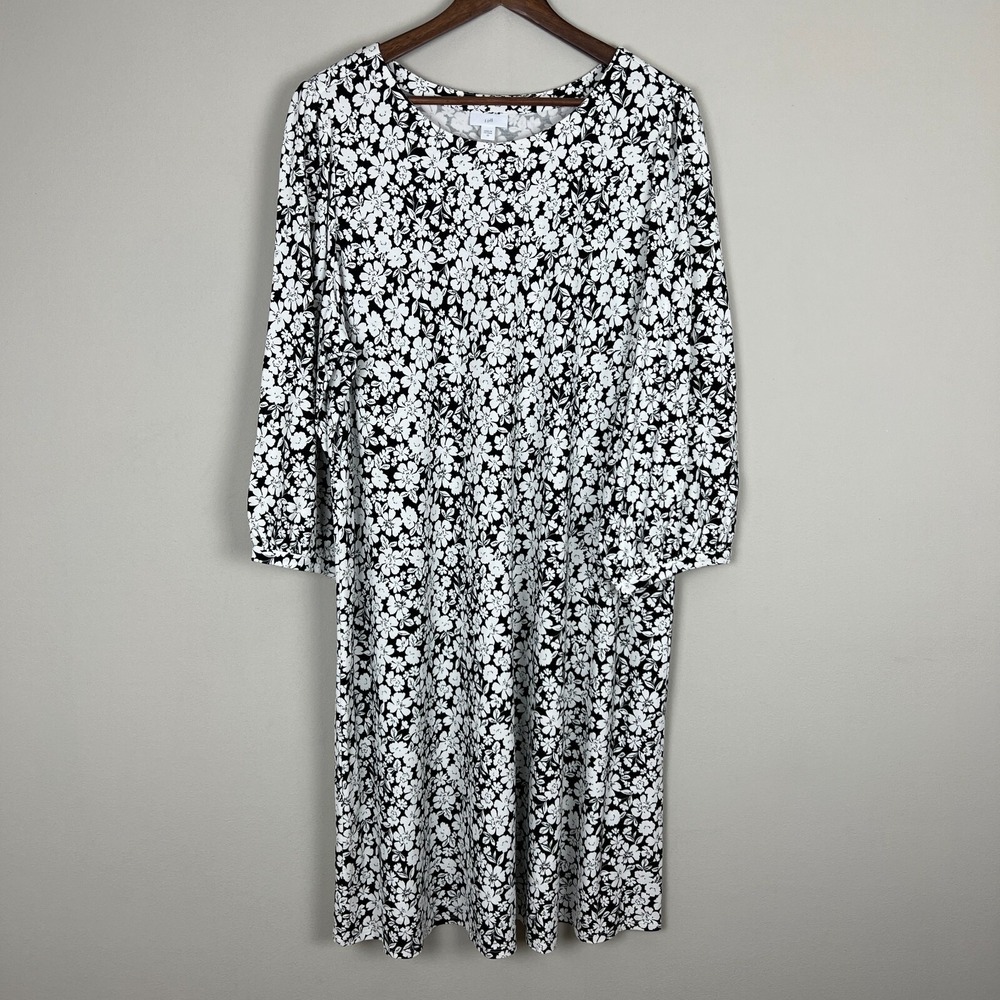 J Jill Dress Womens 2X Black White Floral 3/4 Balloon Sleeve Stretch Shift Knee
